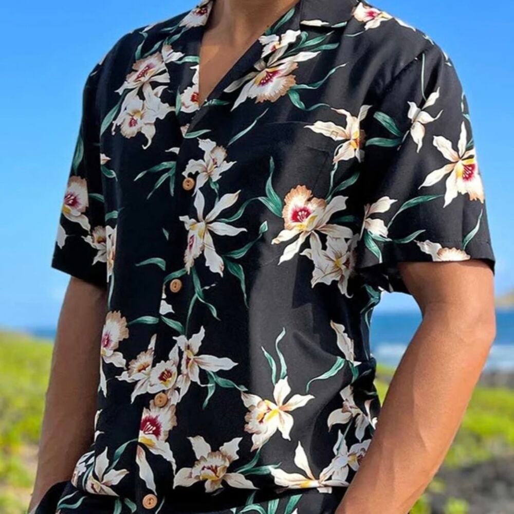 Paradise Found Magnum‎ PI Star Orchid Hawaiian Shirt XXL Black Selleck Hernandez